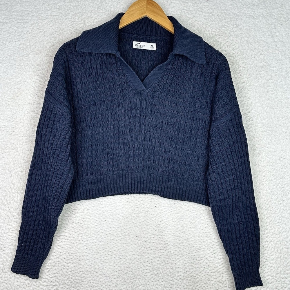 Hollister Y2K Easy Stitchy Polo Sweater Blue Cable Knit Cropped Oversized‎ - Picture 2 of 9